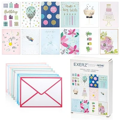 Afbeelding van EXERZ Set van 12 bijpassende wenskaarten voor elke gelegenheid handgemaakt individuele ontwerpen verjaardag, bedankje, Moederdag en maagden, kaart is uniek.