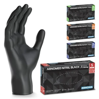 Afbeelding van ARNOMED Zwarte wegwerphandschoenen, extra sterk, nitril handschoenen, maat S, 50% dikker, 100 p./doos, wegwerphandschoenen zonder poeder, latexvrije mechanische wegwerphandschoen