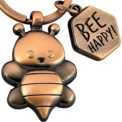 Afbeelding van LANOLU Happy Bee Sleutelhanger Geluksgeschenk Geluksbrenger Tuinman Cadeau Partner Metalen Bijenhanger, Vintage koper,