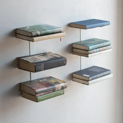 Afbeelding van MILUKA Onzichtbare boekenkast, verticaal, 35 cm, rek met 3 zwevende planken, voor boeken, wandplanken (2 stuks, wit)