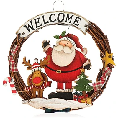 Afbeelding van COM FOUR® Gevlochten kerstkrans, deurkrans &quot;WELCOME&quot; voor Kerstmis, kerstdecoratie om op te hangen, houten krans ca. Ø 25 cm (Kerstman M)