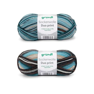 Afbeelding van Gründl 2 x 100 g sokkenwol (75% scheerwol (Superwash), 25% polyamide) + handleiding (mogelijk niet beschikbaar in het Nederlands), turquoise en blauw