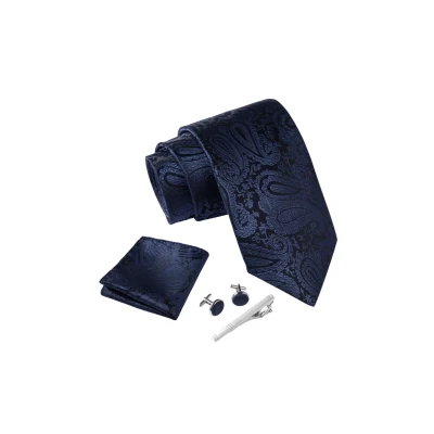 Afbeelding van Stropdas set met manchetknopen, pochet en dasspeld luxe stropdassen voor heren in Geschenkdoos Mens tie set, Paisley donkerblauw, one size
