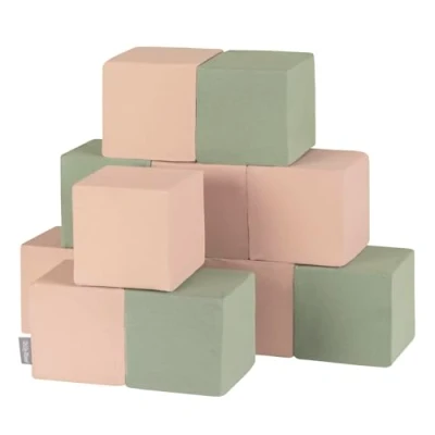 Afbeelding van KiddyMoon Lot de 12 cubes en mousse pour bébé Jouet Montessori avec et amusement les enfants, fabriqué dans l&#039;UE, blocs : sauge beige