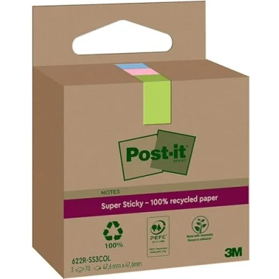 Afbeelding van Post it Super Sticky Notes Recycled, 70 vel, ft 47,6 x mm, assorti, pak van 3 blokken memoblok