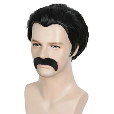 Afbeelding van Linfairy Korte pruik voor heren, discostijl, jaren 80, snor, Halloween, cosplay, kostuum, zwart