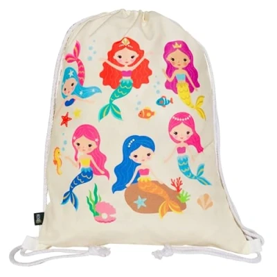 Afbeelding van HECKBO® Mermaid gymtas voor meisjes, zeemeerminnenpatroon, aan beide zijden bedrukt, 40 x 32 cm, machinewasbaar, geschikt sport, school, vrije tijd, kleuterschool, reizen, zeemeermin beige