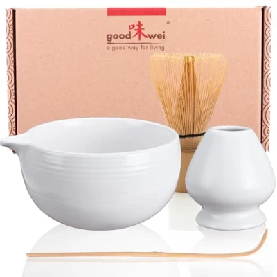 Afbeelding van Goodwei matcha theeset handgemaakte matchakom chawan met schenktuit, garde lepel gardehouder van keramiek in bijpassend design geschenkdoos (Camellia wit)