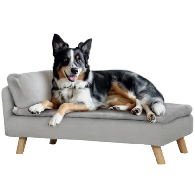 Afbeelding van PawHut Hondenbank voor middelgrote honden, met afneembaar en wasbaar kussen, houten poten, verhoogd design, 20 kg, lichtgrijs