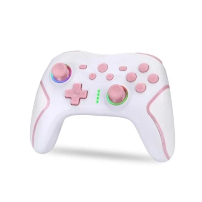 Afbeelding van NK Draadloze switch controller Switch/OLED/Lite/Pro met wake functie, macro instellingen, Bluetooth, 6 assen, turbo dubbele schok, trilling, led indicatoren, wit en roze