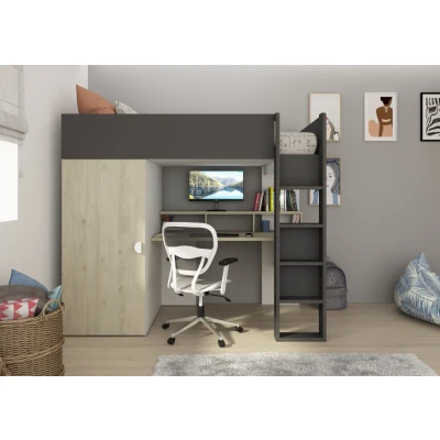 Afbeelding van Flow hoogslaper met bureau en kast 90x200 Eiken/antraciet