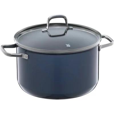 Afbeelding van WMF Fusiontec Essential Grote inductiekookpan met glazen deksel, 24 cm, 6,4 l, high tech keramiek, krasbestendig, ongecoating, donkerblauw, Made in Germany