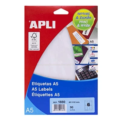 Afbeelding van Apli witte etiketten Print &amp; Write ft 49 x 82 mm (b h), 90 stuks, 6 per blad (1880) etiket