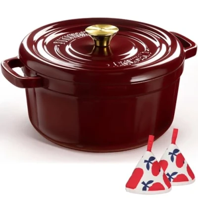 Afbeelding van Overmont Gietijzeren geëmailleerde braadpan, 26 cm, ovenbestendig, met deksel en receptenboek, voor het braden van de keuken, donkerrood