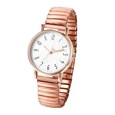 Afbeelding van JewelryWe Uitbreidbaar polshorloge voor heren, grote cijfers, eenvoudig en elegant, elastisch, kwarts, ultra helder gemakkelijk te lezen ouderen slechtzienden, Roségoud (16 cm), Armband
