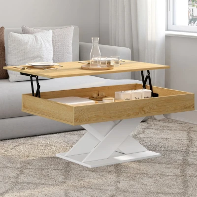 Image de Table basse rectangulaire plateau relevable ALICIA bois et pied blanc IDMarket