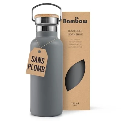 Afbeelding van Bambaw® 750ml RVS Thermosfles Isoleerfles, Dubbelwandig, Milieuvriendelijk, Lekvrijen, loodvrij en Plasticvrij Geïsoleerde Fles met Bamboe Deksel voor Warme Koude Dranken Ideaal Reizen, Werk,Yoga, Wandelen Dagelijks Gebruik donkergrijs