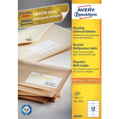Afbeelding van Avery Witte gerecycleerde universele etiketten ft 105 x 48 mm (b h), 1.200 stuks, 12 per blad etiket