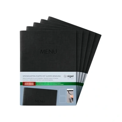 Afbeelding van SIGEL SM203 Set van 5 menubeschermers, geleverd met 2 transparante hoezen 4 weergaven voor 8 vellen, elastische koordbinding, A5, duurzaam en gemakkelijk te reinigen, zwart