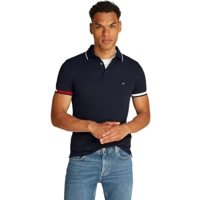 Afbeelding van Tommy Hilfiger Flag Cuff Slim Fit Polo Mw0mw38458 Poloshirt S/S heren, Blauw (Desert Sky), XL