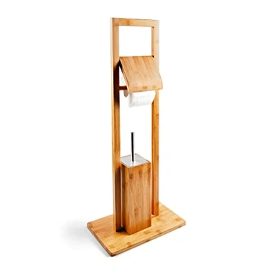 Afbeelding van Relaxdays Vrijstaande toiletaccessoireset bamboe toiletrolhouder, wc borstel, lichtbruin