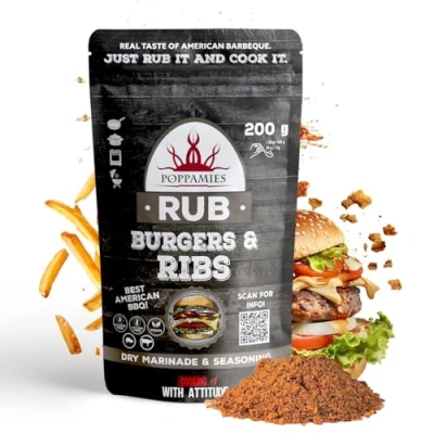 Image de Poppamies Rub Burgers &amp; Ribs, Droge Marinade Kruiden Perfect voor Rundvlees, Varkensvlees Geweldig op de Grill, Oven Grootverpakking (200 g)