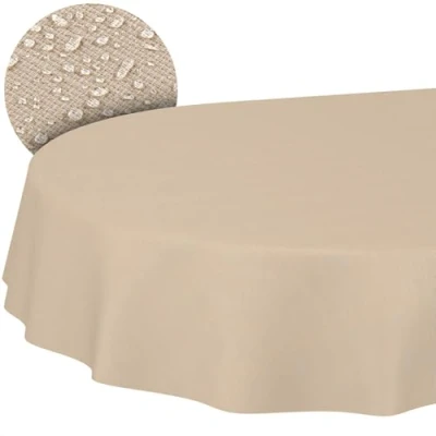 Afbeelding van Tafelkleed van katoen en polyester, wasbaar, effen, damast ornament, jacquard, beige, ovaal, 200 x 140 cm, afgesneden randen