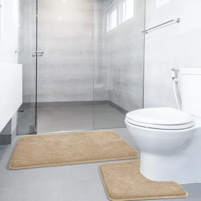 Afbeelding van SOANNY Set van 2 antislip badmatten, luxe dikke microvezel, shaggy, douchemat, 50 x 80 cm en voetmat voor toilet, cm, machinewasbaar, absorberend, camel