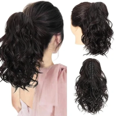 Afbeelding van RPAEOY Paardenstaartverlenging met clip, 35 cm, lang, krullend, paardenstaartclip, natuurlijke synthetisch, voor dames, bruin zwart