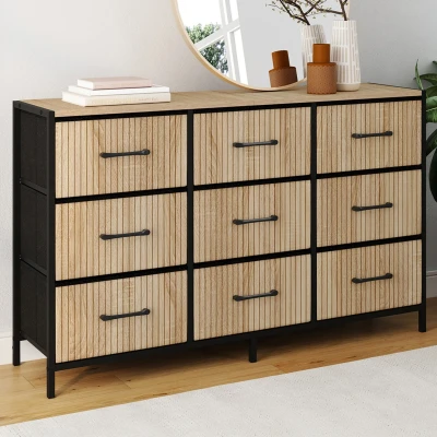 Image de Commode 9 tiroirs en tissu UTAH 115 CM effet lattes meuble de rangement design industriel IDMarket
