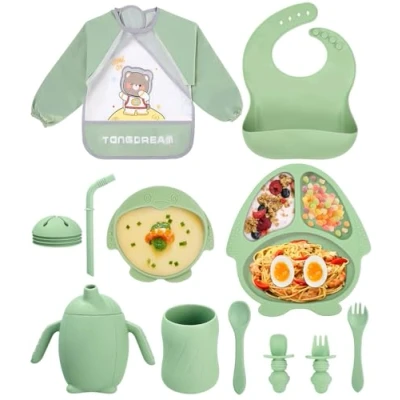 Afbeelding van SinLaw Babyborden, 11 stuks babymaaltijden, siliconen babyvoeding, borden met zuignap voor baby&#039;s, BPA vrij, geschenkdoos geboorte (groen)
