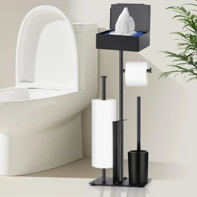 Afbeelding van GUIGUZI toiletpapierhouder met toiletborstel staand van roestvrij staal toiletborstel, toiletborstelset en papierdispenser boren niet nodig