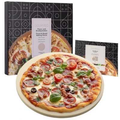 Afbeelding van GOURMEO pizzasteen cordieriet rond Ø 35 cm Brood bak en pizza steen voor oven grill or bbq Hittebestendige pizzaplaat Eenvoudige reiniging