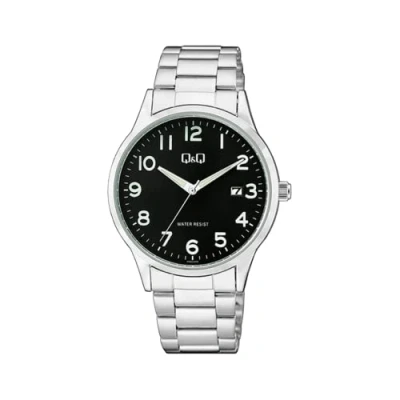 Afbeelding van Q&amp;Q A482J205Y Horloge Analoog Mannen Heren stalen band Rond Staal Cijfers Datumaanduiding Zilverkleurig Zwart