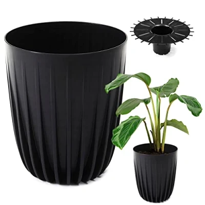 Afbeelding van Konzept 11 Bloempot, hoog, 30 cm diameter, grote bloempot voor buiten, balkon, met inzetstuk, zwart, palmboom