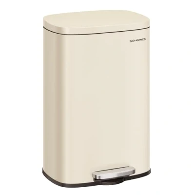 Afbeelding van SONGMICS afvalemmer voor keuken, 50 l, kantoor, zachte sluiting, met pedaal, van staal, binnenemmer, zandbeige LTB050A02
