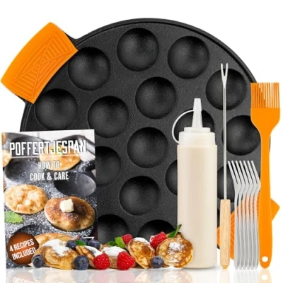Afbeelding van IRONO Poffertjespan Set Incl. Doseerfles, Keervork en 6 vorkjes Inductie Electrisch Poffertjesmaker 19 Poffertjes Gietijzeren Pan Maken Spuitfles