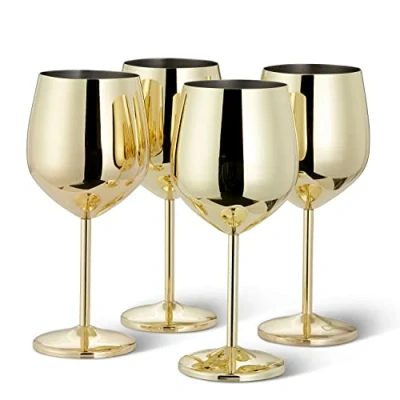Afbeelding van Oak &amp; Steel 4 Gouden RVS Wijnglazen (540ml) Onbreekbare Metalen Rodewijnglazen, Geschikt voor Cocktails Mixdrankjes, Glanzende Afwerking