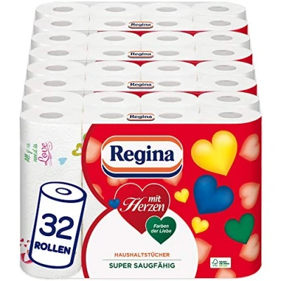 Afbeelding van Regina mit Herzen 3 laags handdoek, 32 rollen (8 x 4 afzonderlijke verpakkingen), 43 vellen per rol, super absorberend, dik, duurzaam, FSC® gecertificeerd papier