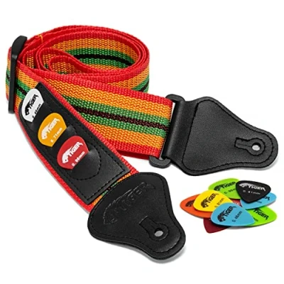 Afbeelding van TIGER STPK2 RB gitaarband van nylon met 12 gratis plectrums, Kleurrijk