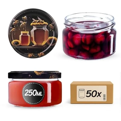 Afbeelding van KADAX Set van 50 kleine jampotten met luchtdichte deksels, 250 ml, ideaal als cadeau voor honing en specerijen (honing