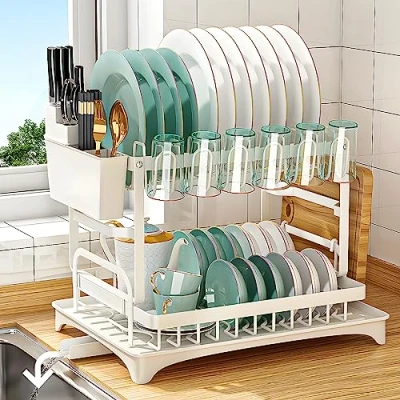 Afbeelding van Frasheng afdruiprek met 2 niveaus, koolstofstaal, automatische afvoer, bekerhouder, snijplankhouder, bestekhouder en afdruiprek, voor keuken
