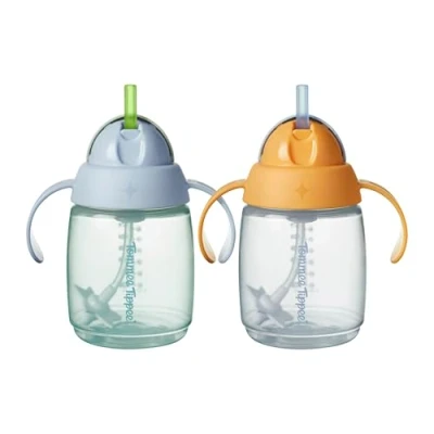 Afbeelding van Tommee Tippee 2 stuks drinkbeker met rietje voor kinderen vanaf 6 maanden verzwaarde van siliconen en gemakkelijk vast te houden handgrepen, blauw oranje, 240 ml