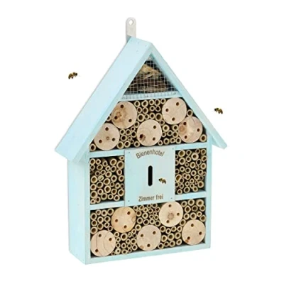 Afbeelding van Relaxdays insectenhotel hout insectenhuis balkon bijenhotel nestkast bijen tuin blauw