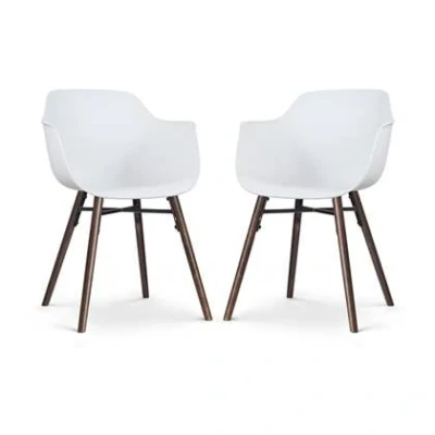 Afbeelding van Nolon Nena Puk Eetkamerstoelen Set van 2 Wit met Armleuning Kunststof Zitting Houten Poten Walnoot Kuipstoel