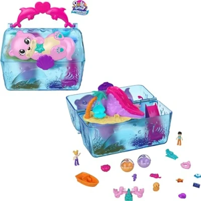 Afbeelding van Polly Pocket Sparkle Cove Adventure set met 2 minifiguren, schatkist van het eiland, 4 dieren en accessoires voor kinderen, vanaf jaar, HPV40