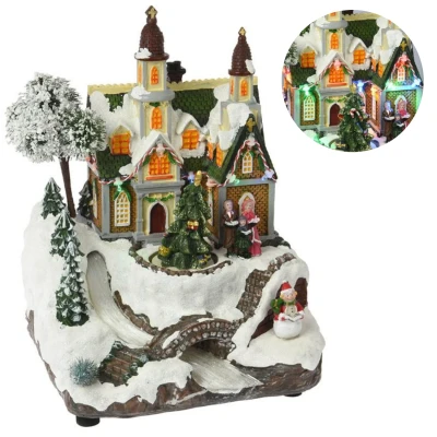 Afbeelding van Cheqo® Kerstdorp Met Rivier Kersttafereel Kerstdecoratie LED Licht en Draaiende Kerstboom