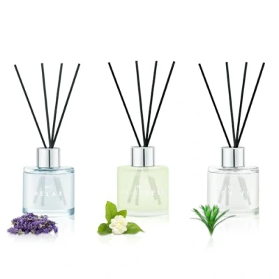 Afbeelding van Geurverspreider 3 x 50 ml lavendel geranium/jasmijn thee wit/citroengras gember, diffuser voor huis met 12 vezelstokjes, slaapkamer, woonkamer, badkamer, rek, kantoor