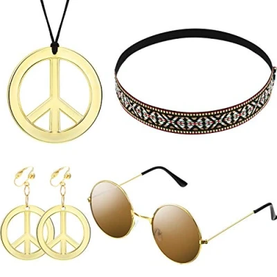 Afbeelding van Hippie kostuumset voor vrouwen en mannen, inclusief zonnebril, halsketting met vredesteken oorbel, vredesteken, Boheemse hoofdband het feest (Boheemse stijl)