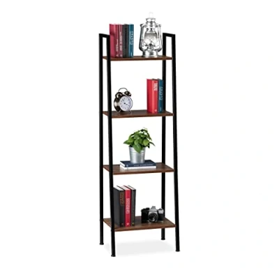 Afbeelding van Relaxdays Voeten, Ladderplank met 4 vakken Opslag, Planten, HLP: 136 x 44 31,5cm, Hout en Zwart, IJzer, Bruin, 5 cm
